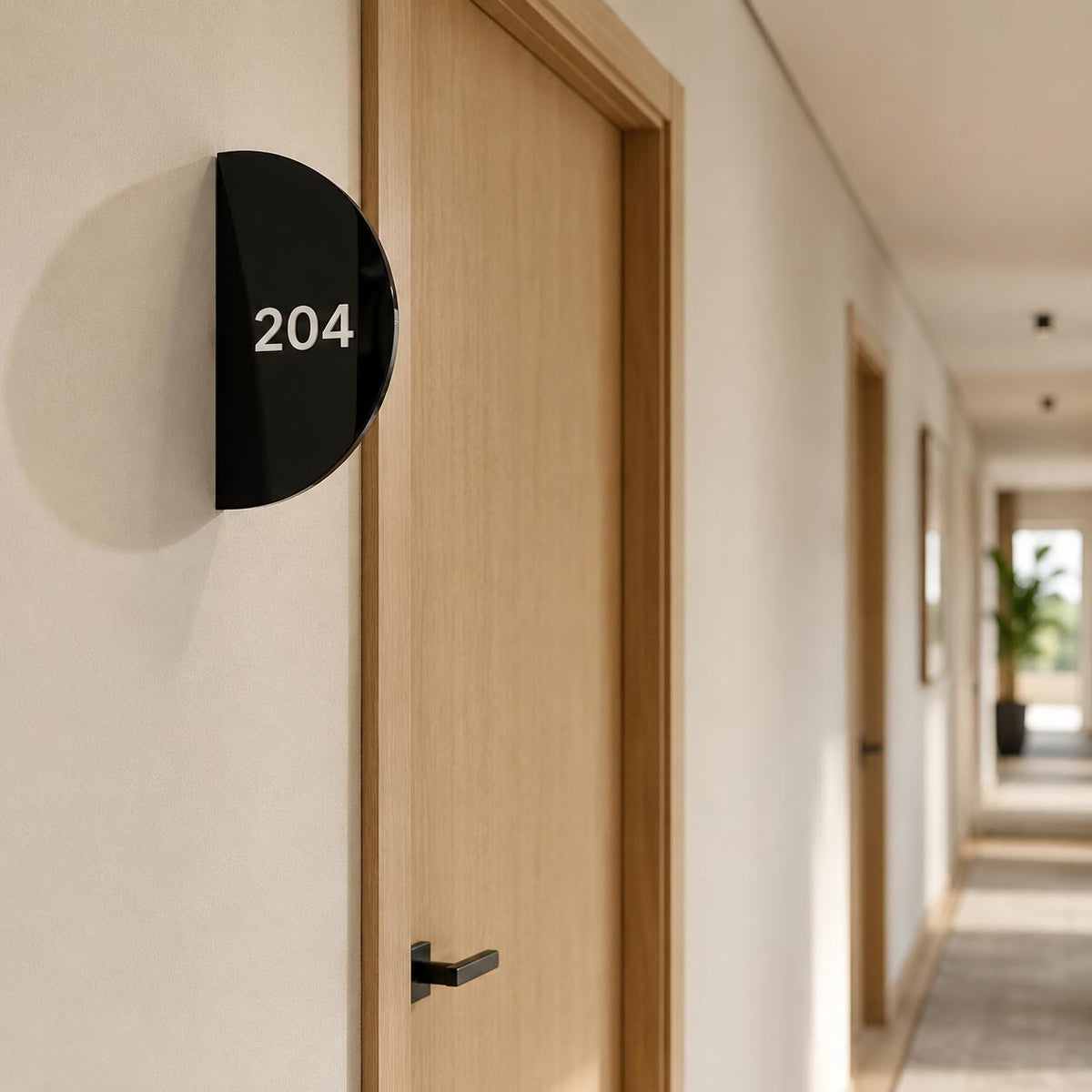 Room number sign: projecting door sign on a hotel door